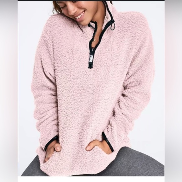 PINK Victoria's Secret Jackets & Blazers - PINK Victorias Secret Woman’s Small Pink Sherpa Pullover Hoodie
